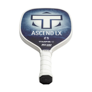 Front view of a white pickleball paddle with a blue and white graphic, ASCEND LX text, and a white grip.