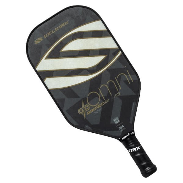Top-down view of a black pickleball paddle with white and gold S logo, omni text, and black grip.