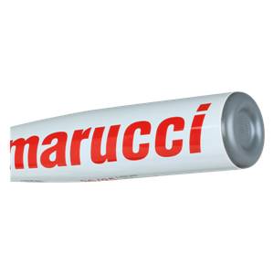 Side view of a white baseball bat with red marucci text and a silver end cap.