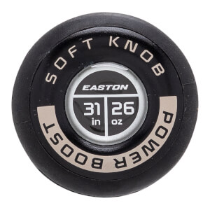 Top-down close-up of a black baseball bat knob with SOFT KNOB and POWER BOOST text, and EASTON 31 in 26 oz in the center.