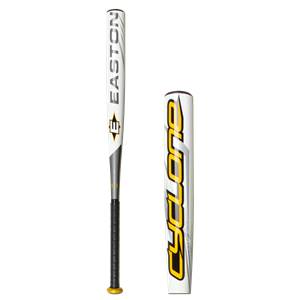 Front view of a white Easton softball bat with black grip and yellow end cap.