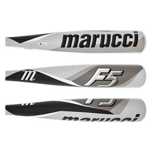 Top-down view of a silver baseball bat with black marucci text and a grey F5 logo.