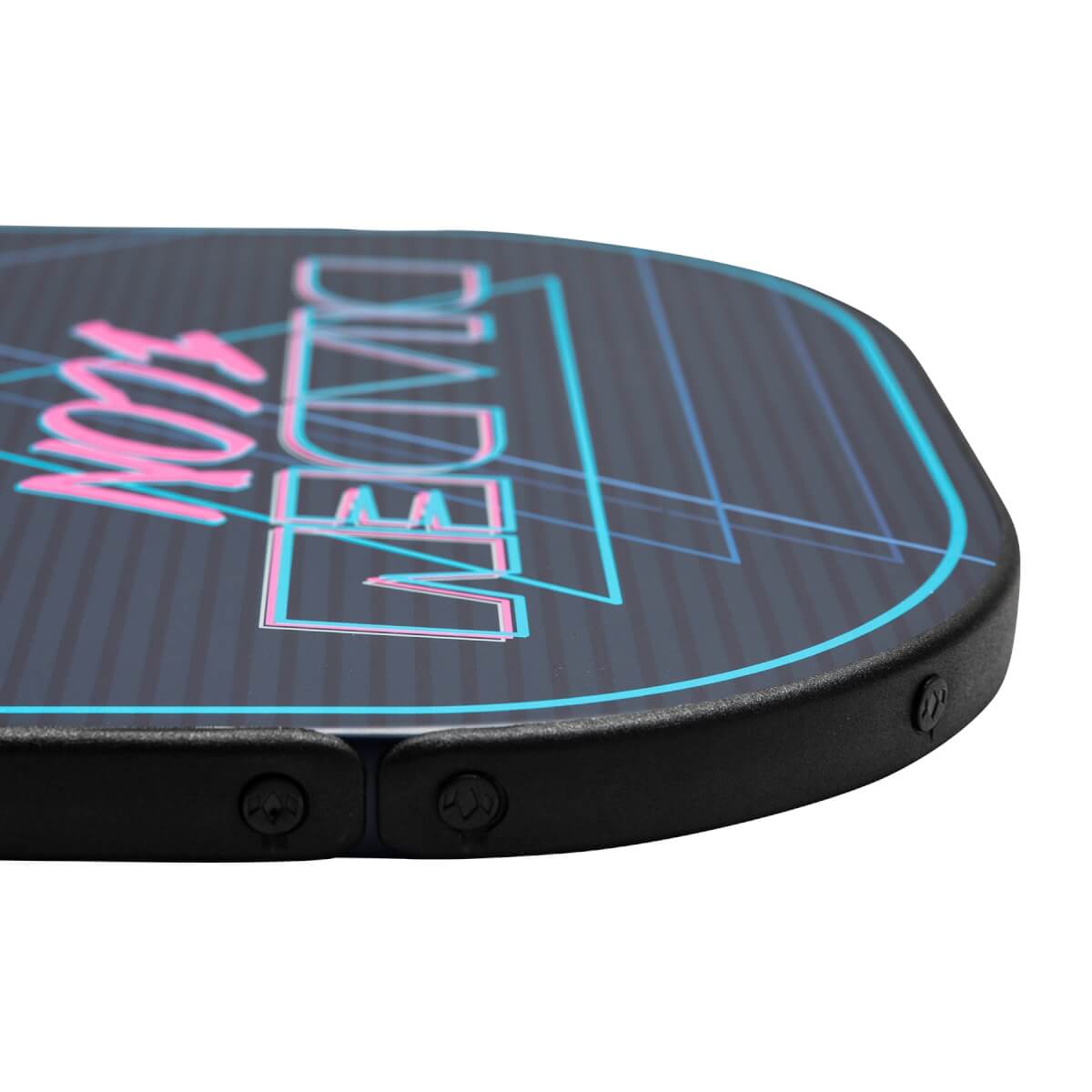 Side view of a black pickleball paddle with DIADEM FLOW text and geometric lines.