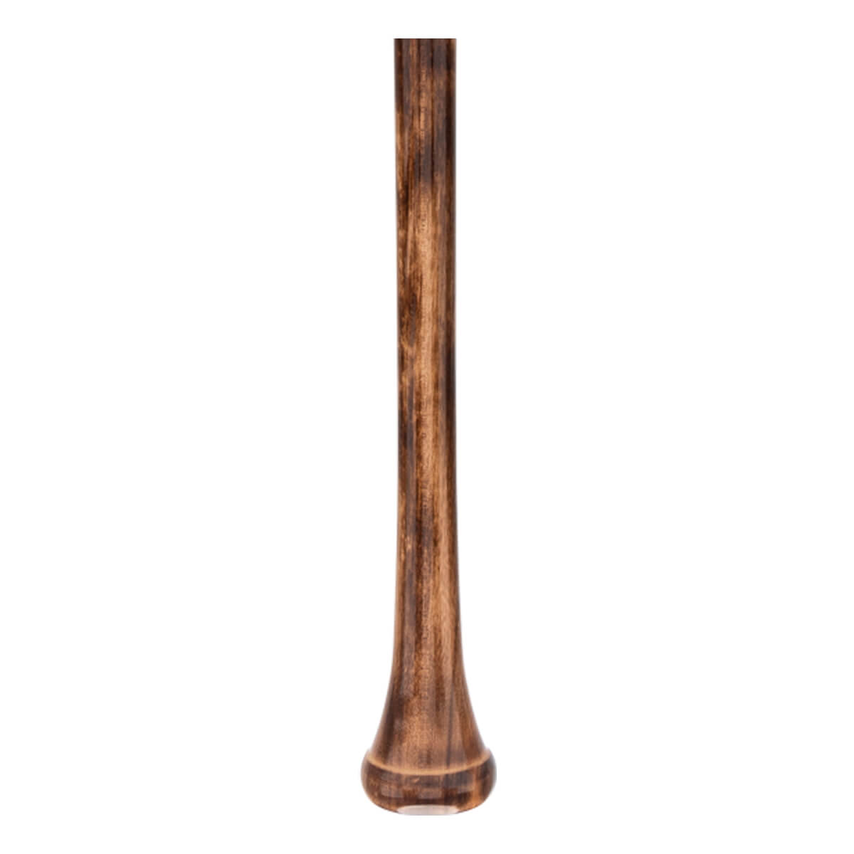 Close-up of a dark brown baseball bat with a tapered handle, rounded knob, and visible wood grain.