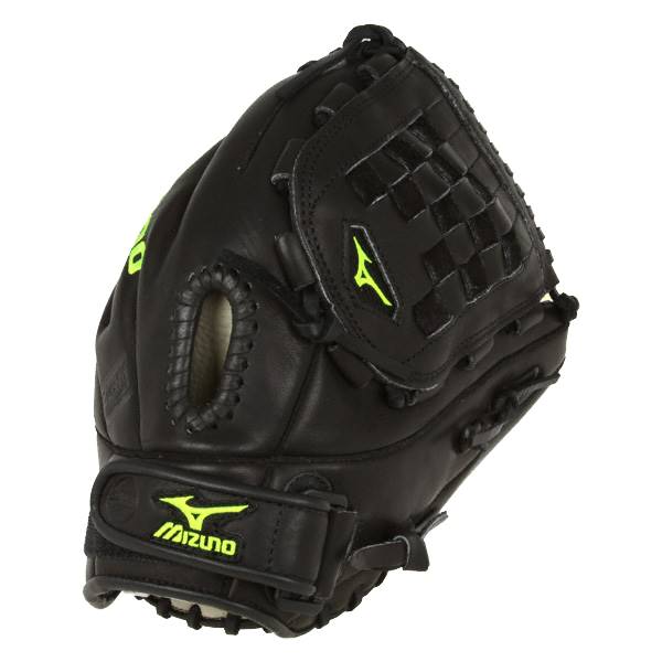 Side view of a black baseball glove with yellow Mizuno branding and a woven pocket.