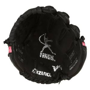 Inside view of a black youth baseball glove with FINCH and Mizuno logos.