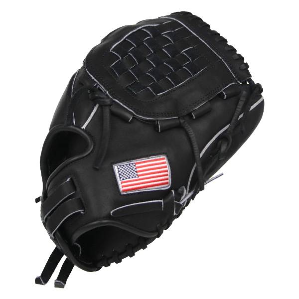 Top-down view of a black baseball glove with an American flag patch and woven finger inserts.