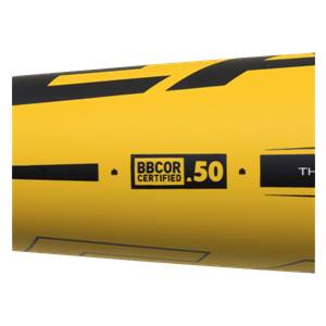 Side view of a yellow baseball bat with black accents, BBCOR CERTIFIED .50 text, and partial TH text.