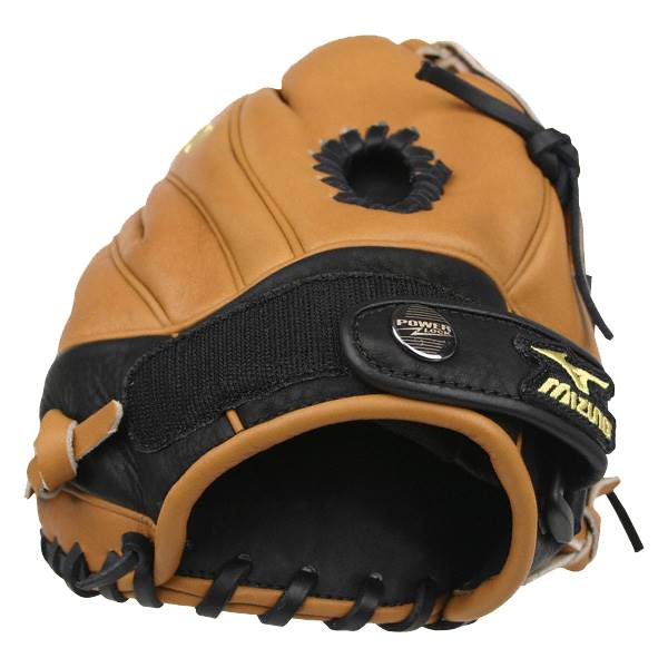 Corner view of a tan and black baseball glove with a black web and Mizuno logo.