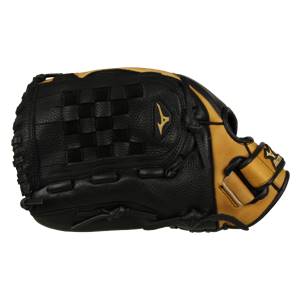 Side view of a black and tan baseball glove with a checkered web and gold Mizuno logo.
