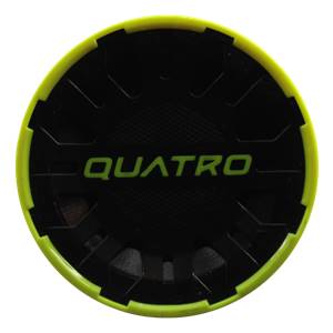 Top-down view of a black baseball bat end cap with green QUATRO text and a textured grip.