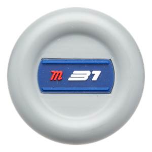 Top-down view of a silver baseball bat end with a blue rectangle containing red m and white 31 logos.
