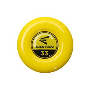 End view of a yellow baseball bat with the Easton logo and the number 33.