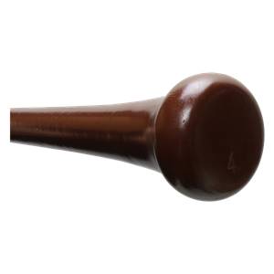 Side view of a brown baseball bat with a smooth, glossy finish and a rounded knob.