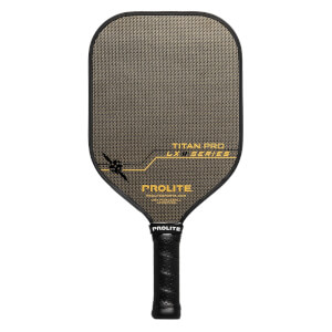 Front view of a black and gold PROLITE pickleball paddle with TITAN PRO LX SERIES text.