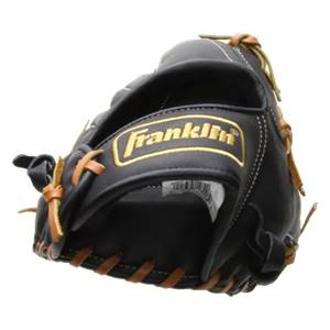 Top-down view of a black Franklin baseball glove with tan lacing and gold embroidered logo.