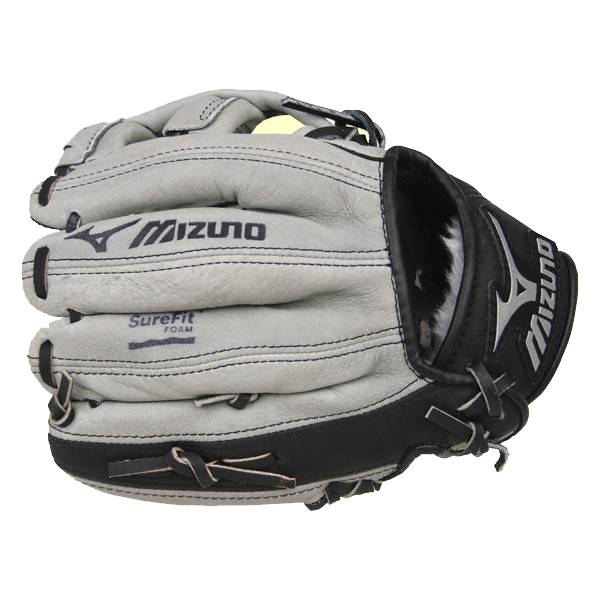 Front view of a gray and black youth baseball glove with Mizuno branding and SureFit Foam detail.
