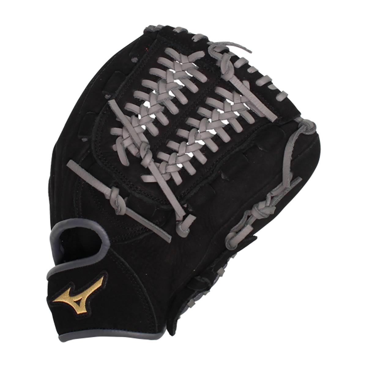 Top-down view of a black baseball glove with grey lacing and a gold Mizuno logo.