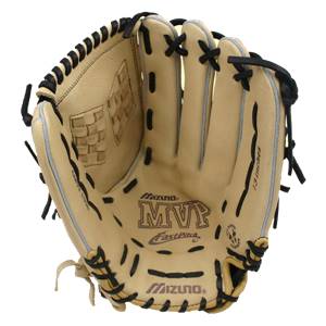 Top-down view of a tan fastpitch mitt with black lacing, Mizuno MVP Fastpitch branding, and 13 inches text.