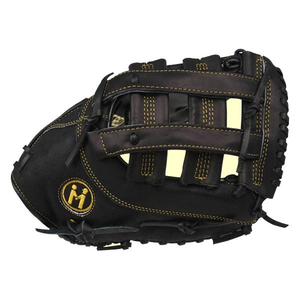 Side view of a black first base mitt with yellow stitching and an M logo.