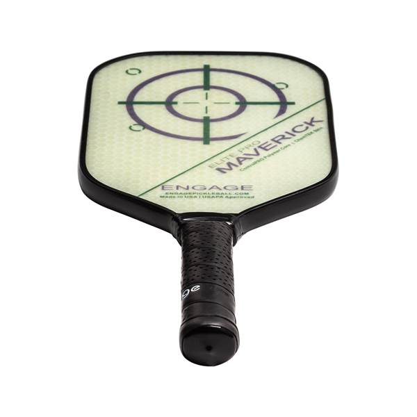 Top-down view of a white pickleball paddle with a target design, Maverick text, and black grip.