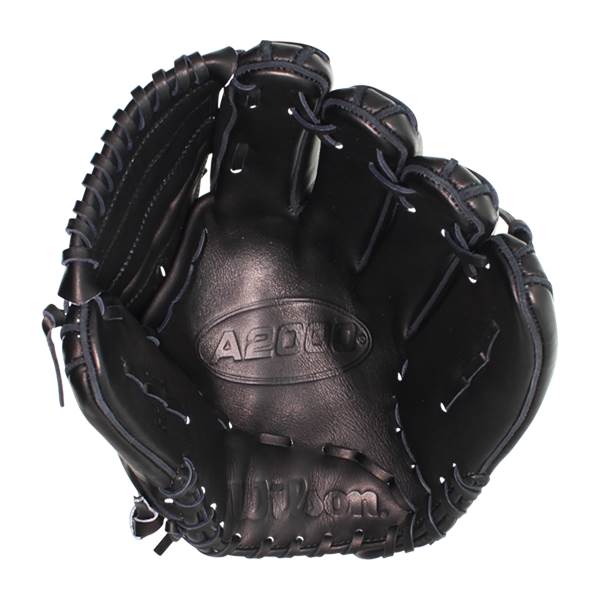 Top-down view of a black baseball glove with A2000 and Wilson branding.