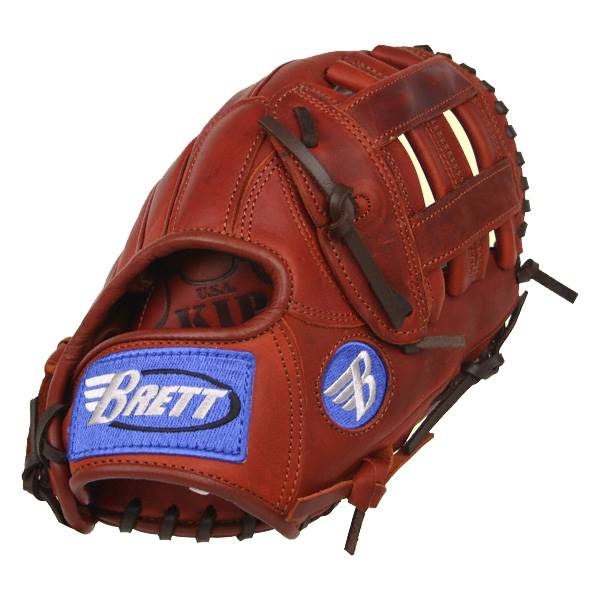 Front view of a brown baseball glove with a blue Brett logo patch and a white wing logo.