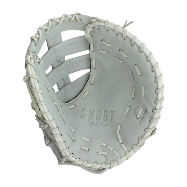 Top-down view of a grey Easton Ghost 13 Fastpitch First Base Mitt with GHOST - Softball Series embossed and white lacing.