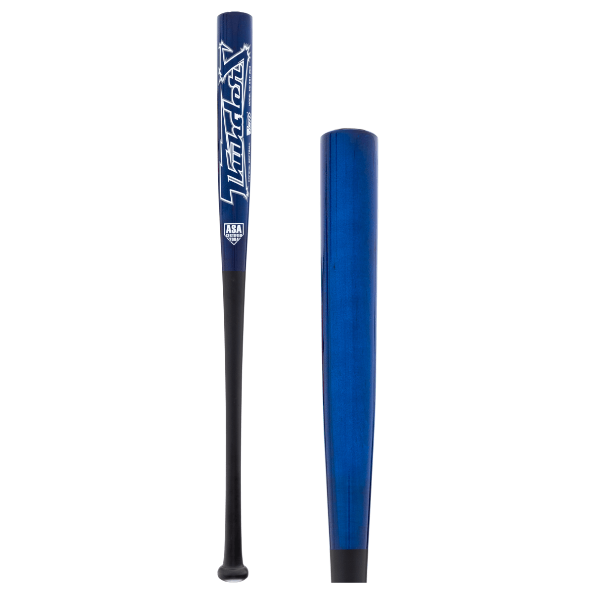 Front view of a blue Thunder softball bat with white lettering, showing the ASA Certified logo.