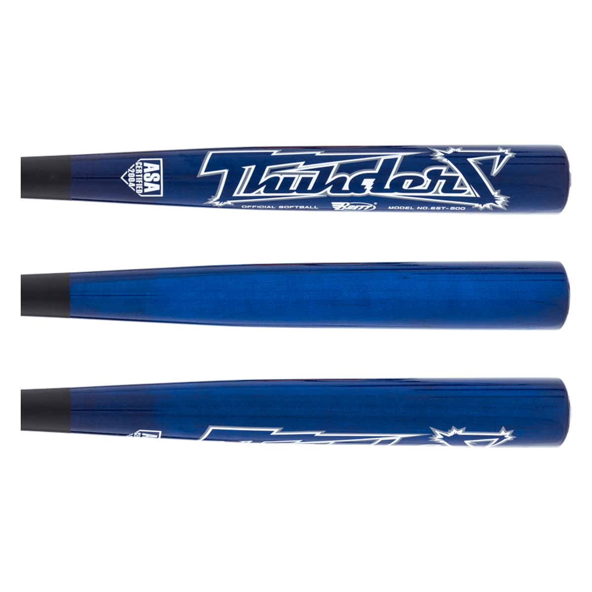 This is a side view of a blue softball bat with "Thunder X" branding, an ASA Certified 2004 logo, and model number SST-500.