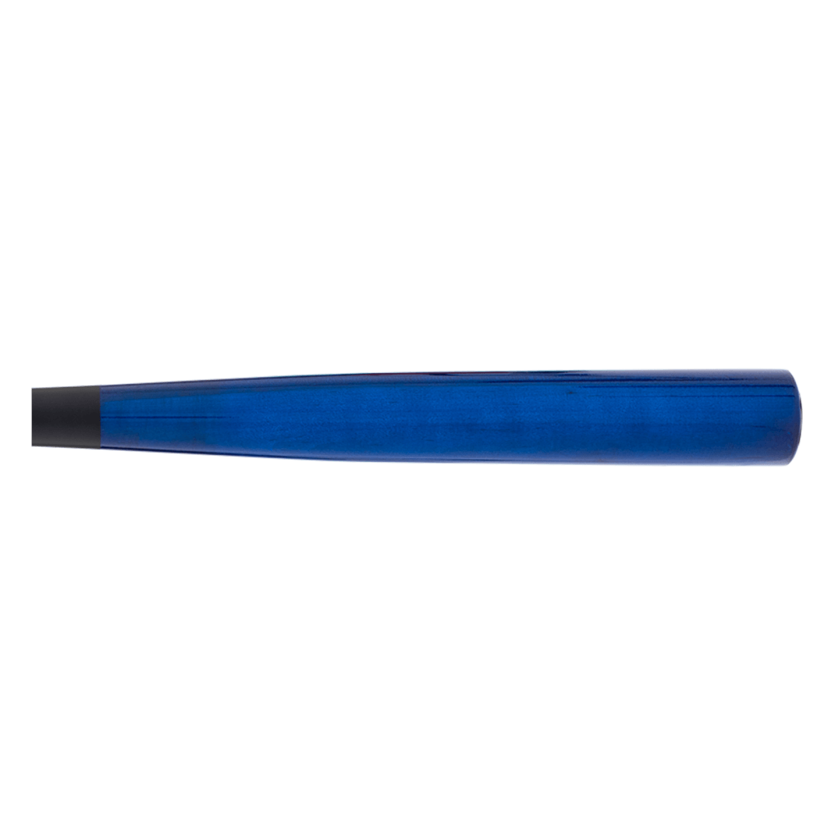 Side view of a blue wooden baseball bat with a dark gray handle and a smooth finish.
