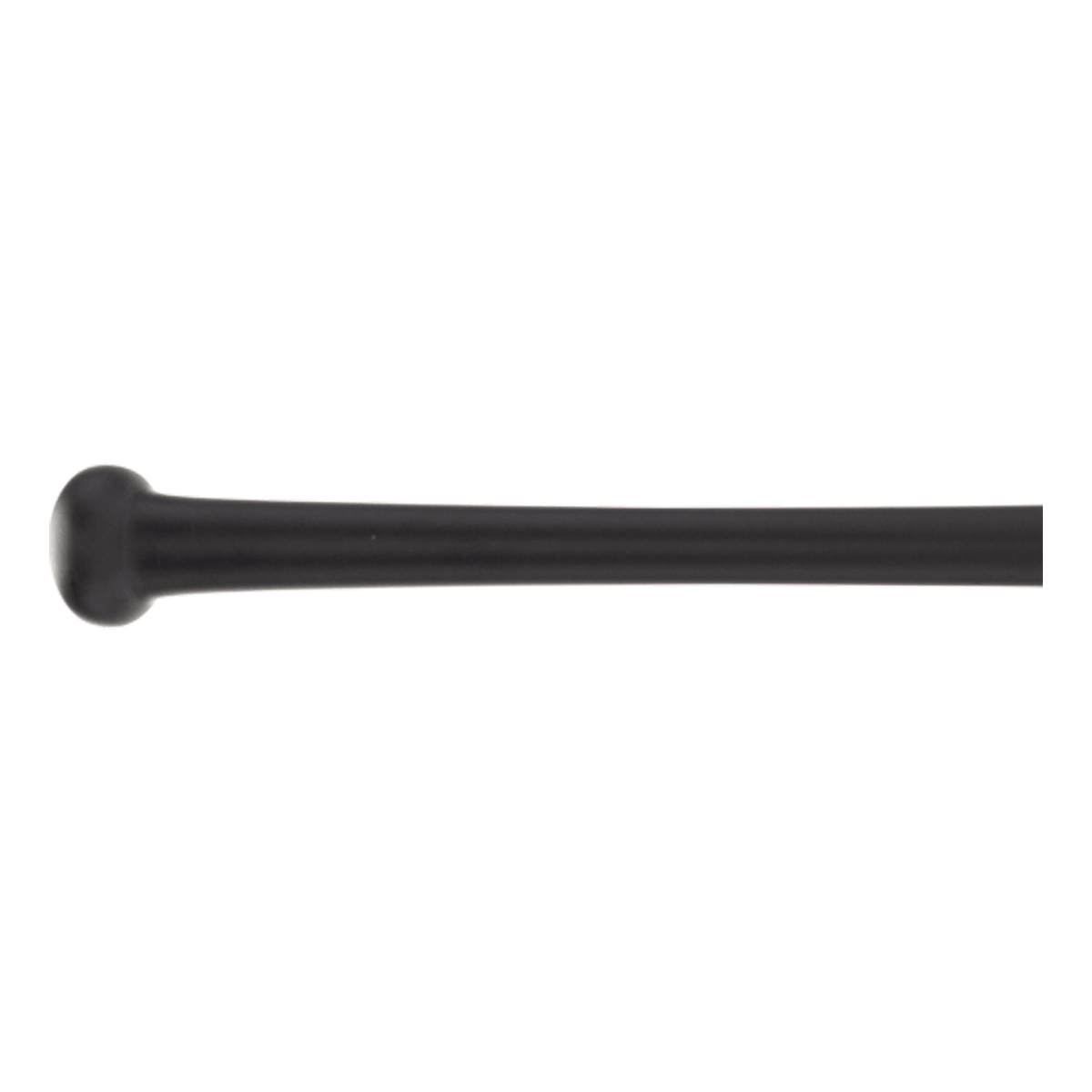 Side view of a smooth, black baseball bat with a rounded knob.