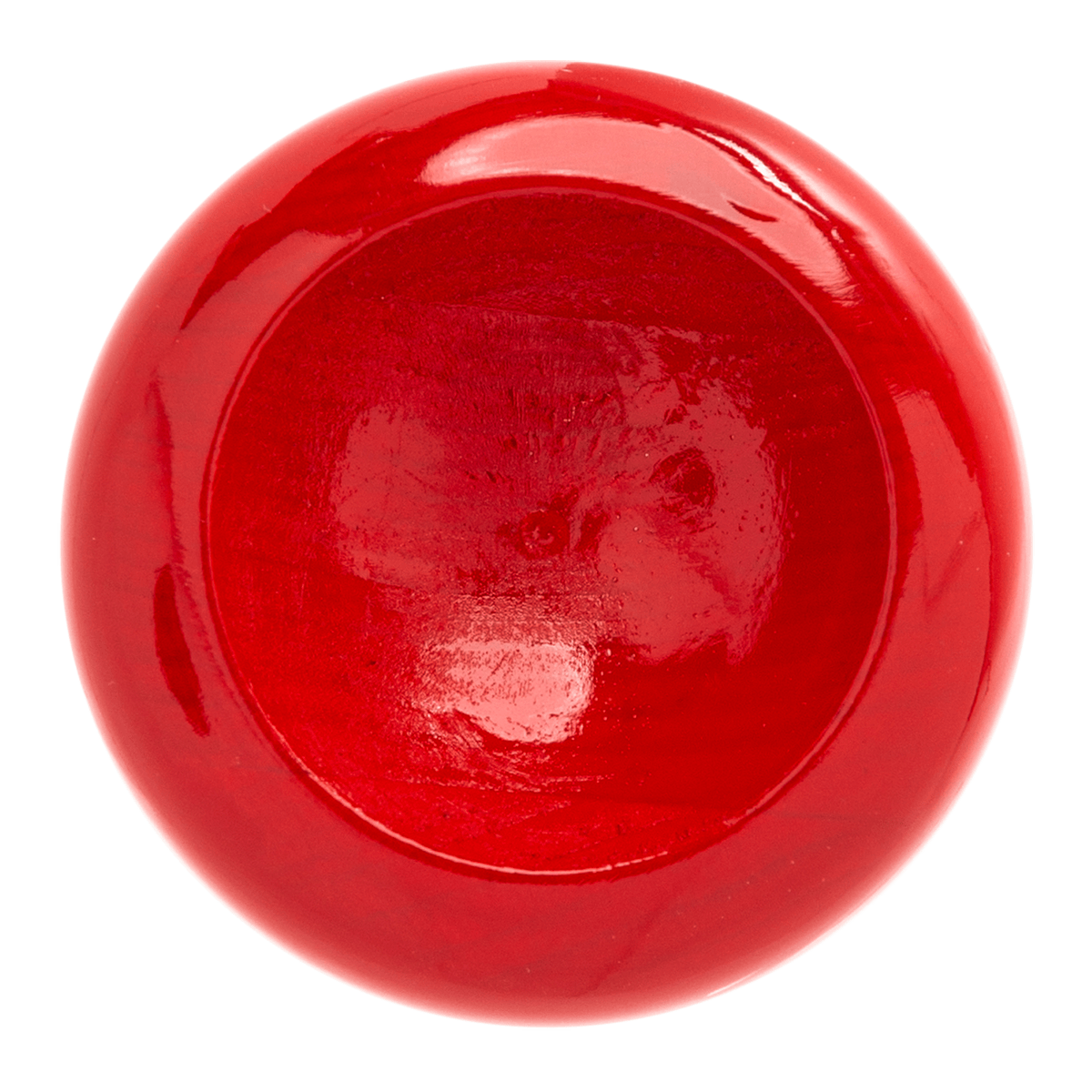 Top-down view of a glossy red, round wooden bowl with a shallow concave interior.