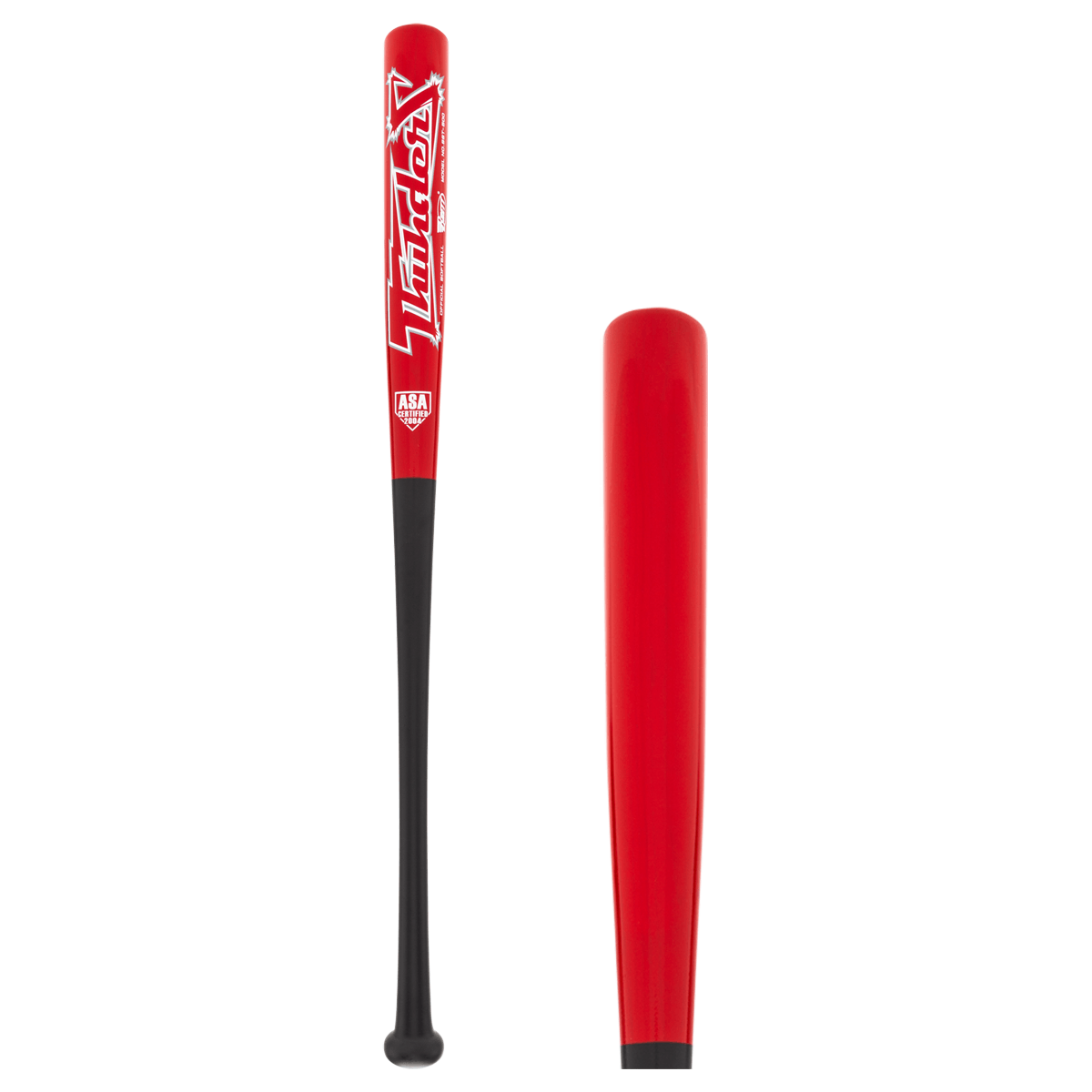 Front view of a red and black baseball bat with "Thunder" logo and ASA Certified graphic.