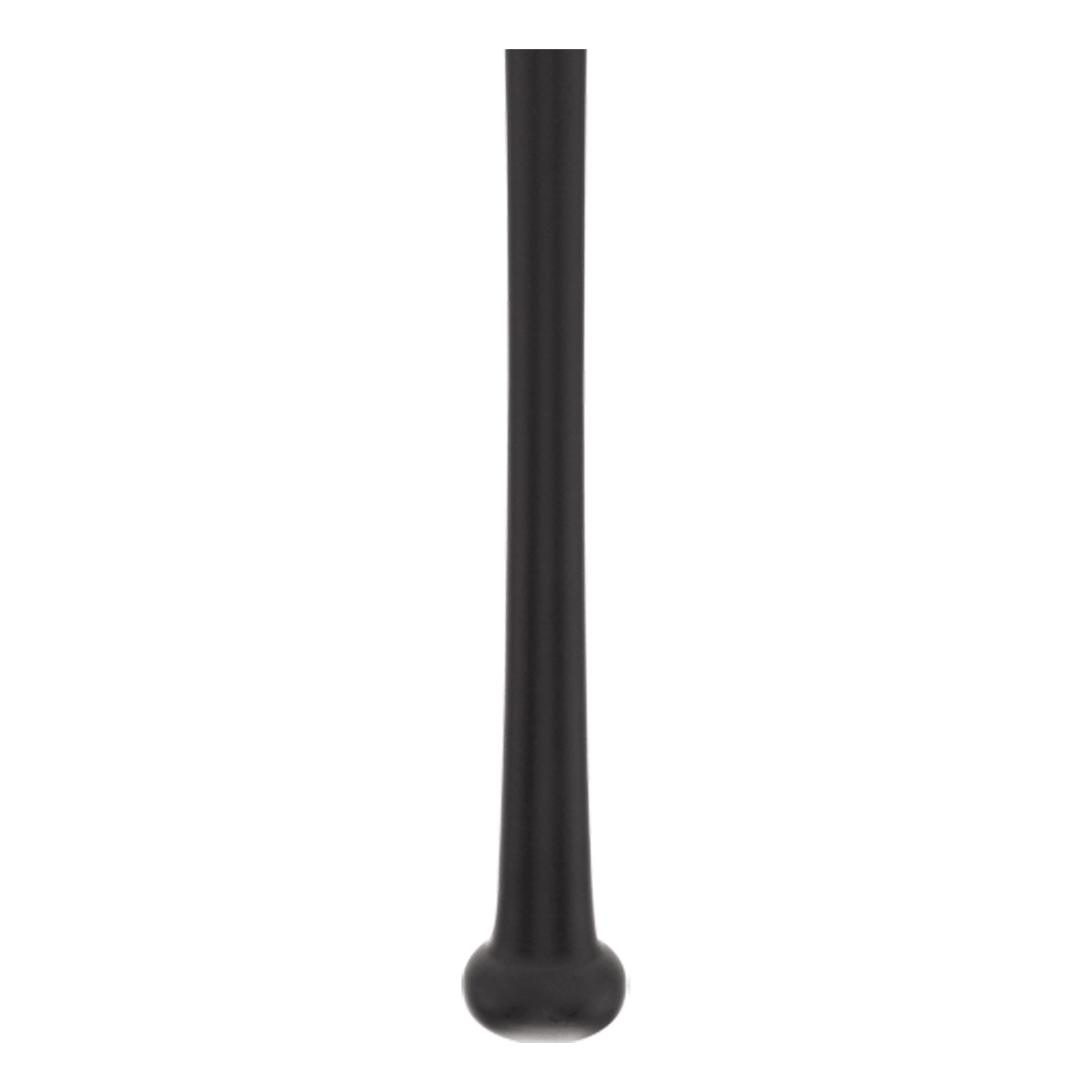 Bottom-up view of a black baseball bat with a rounded knob.