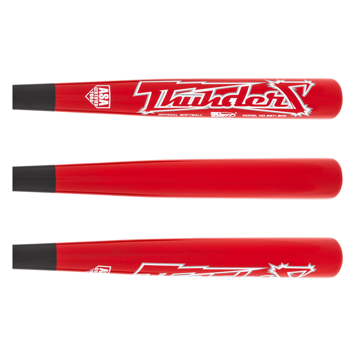 Front view shows a red "Thunder X" softball bat with "OFFICIAL SOFTBALL" text and ASA Certified 2004 logo.