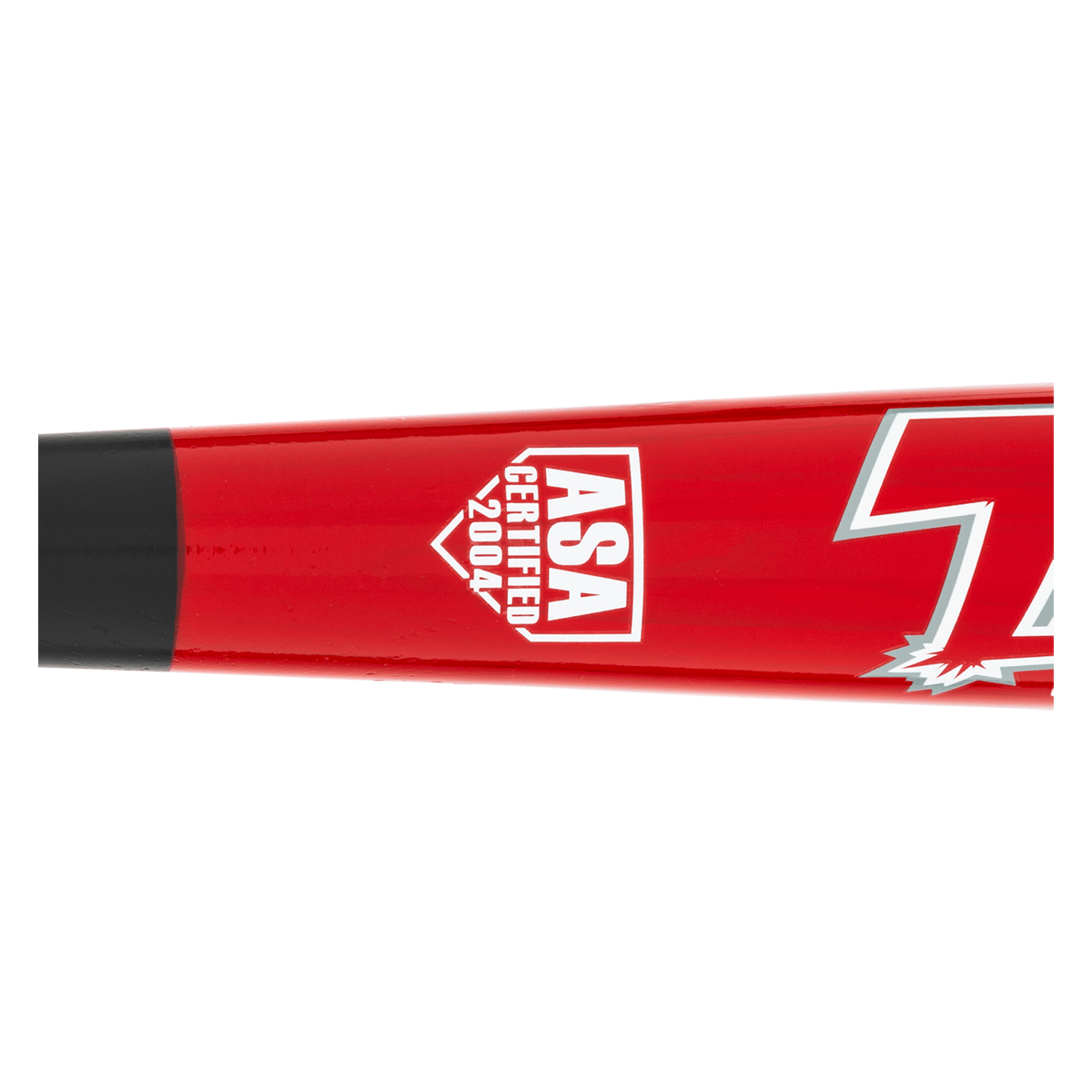 Side view of a red baseball bat, showing a black grip, the "ASA CERTIFIED 2004" logo, and a large white "S".