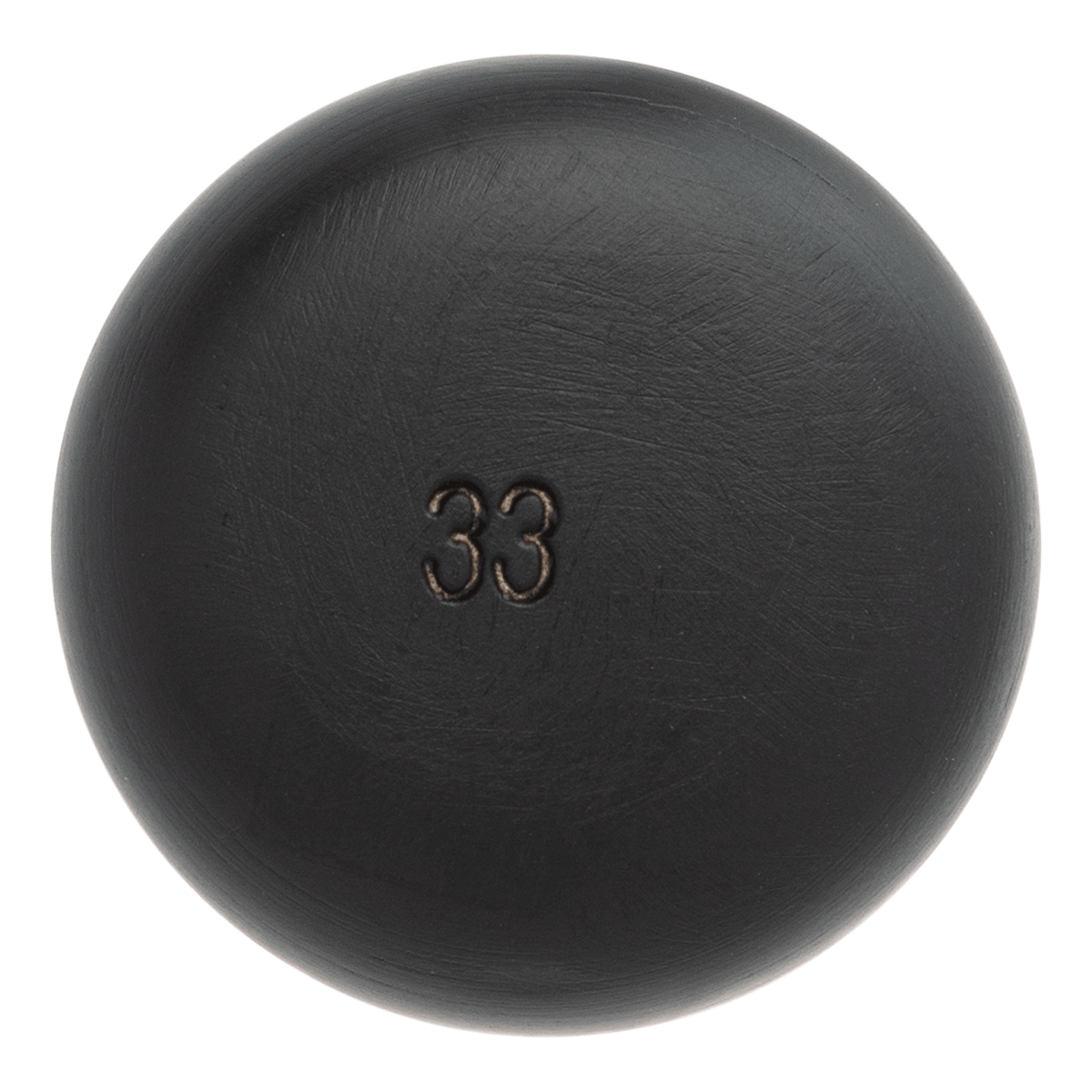 Front view of a dark, spherical object with the number "33" embossed on its surface.