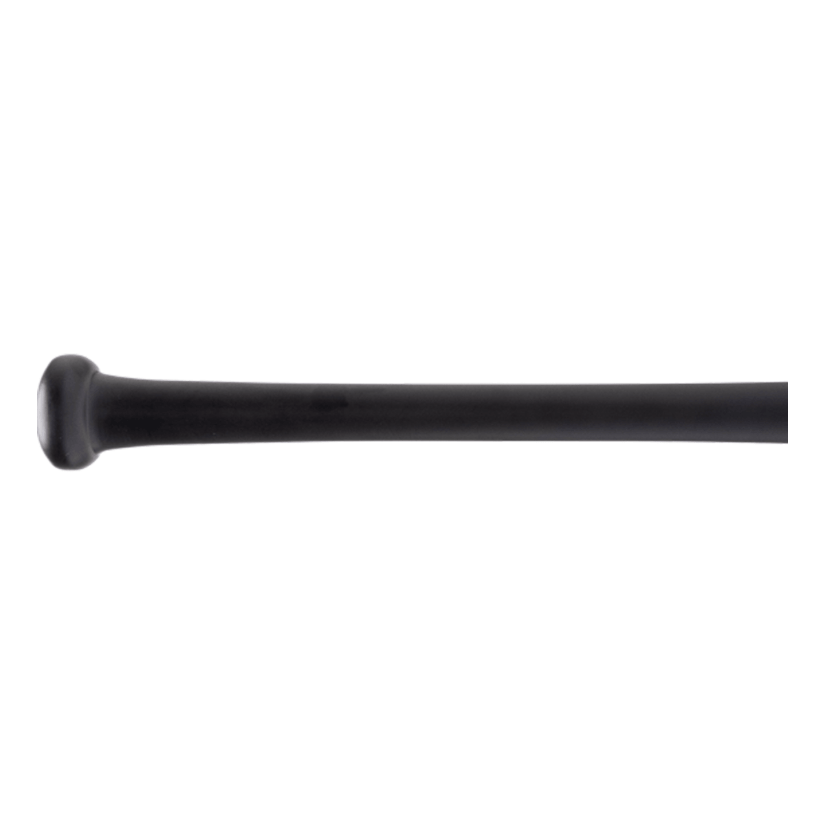Side view of a black bat with a rounded knob and smooth barrel.