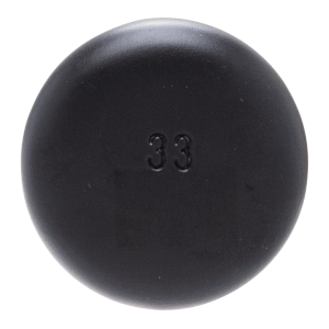 Top-down view of a round black object with the number "33" embossed in the center.
