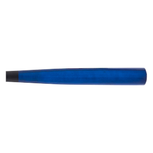 Side view of a blue wooden baseball bat with a dark gray handle and a smooth finish.
