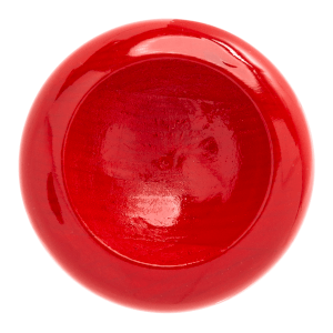 Top-down view of a glossy red, round wooden bowl with a shallow concave interior.