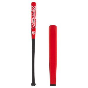 Front view of a red and black baseball bat with "Thunder" logo and ASA Certified graphic.