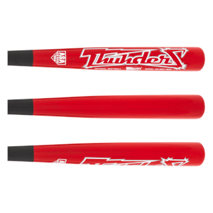 Front view shows a red "Thunder X" softball bat with "OFFICIAL SOFTBALL" text and ASA Certified 2004 logo.