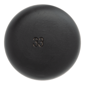 Front view of a dark, spherical object with the number "33" embossed on its surface.