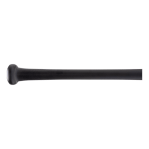 Side view of a black bat with a rounded knob and smooth barrel.