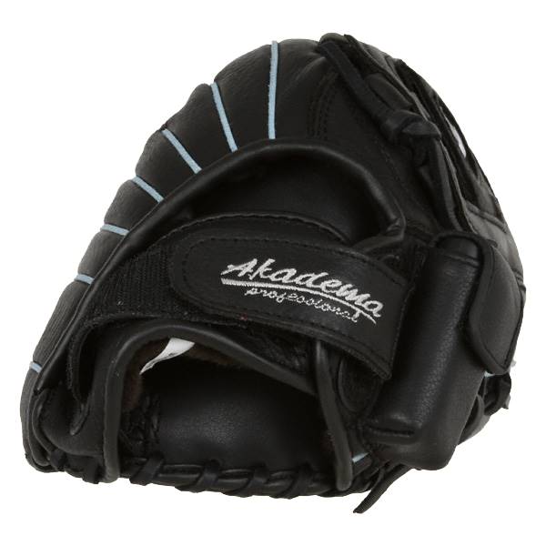 Corner view of a black baseball glove with light blue stitching and Akadema professional branding.