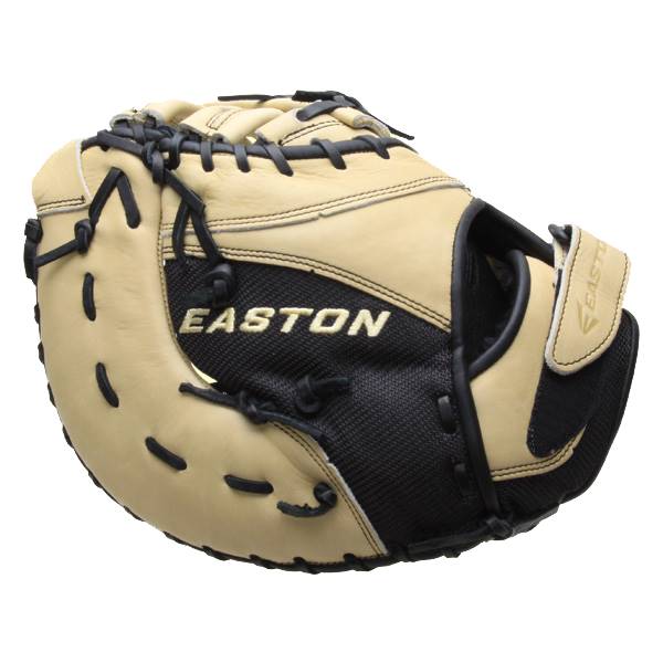 Front view of a tan and black Easton first base mitt with black lacing and a mesh palm.