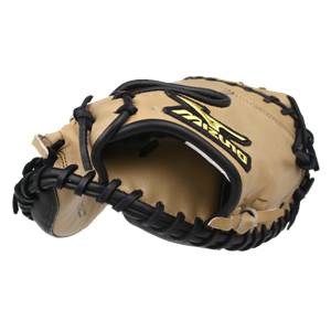 Side view of a tan catchers mitt with black lacing and a yellow Mizuno logo.