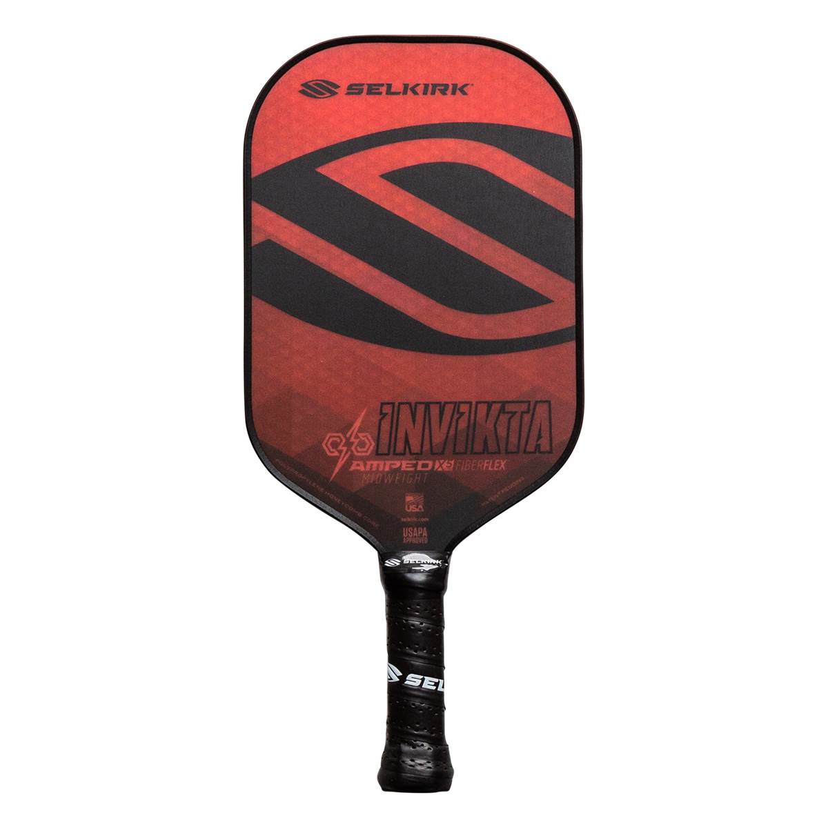 Front view of a red and black pickleball paddle with a large S graphic and INV IKTA text.